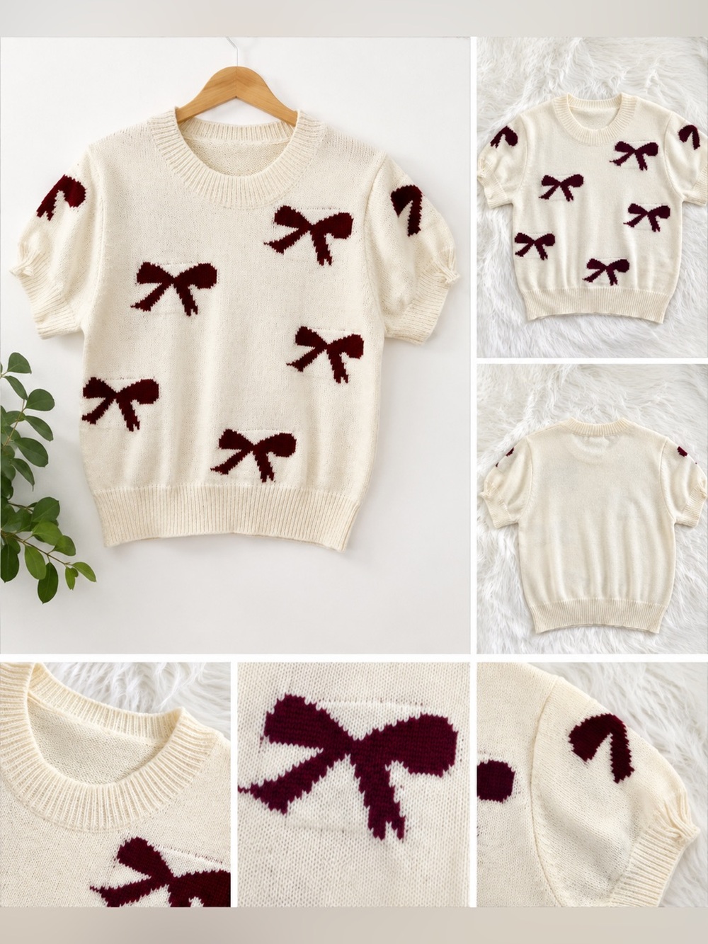 Cream Bow-Pattern Short Sleeve Sweater Top